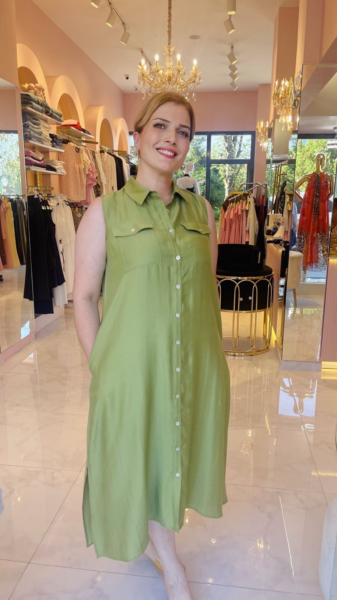 YEŞİL OVERSİZE KETEN GÖMLEK ELBİSE