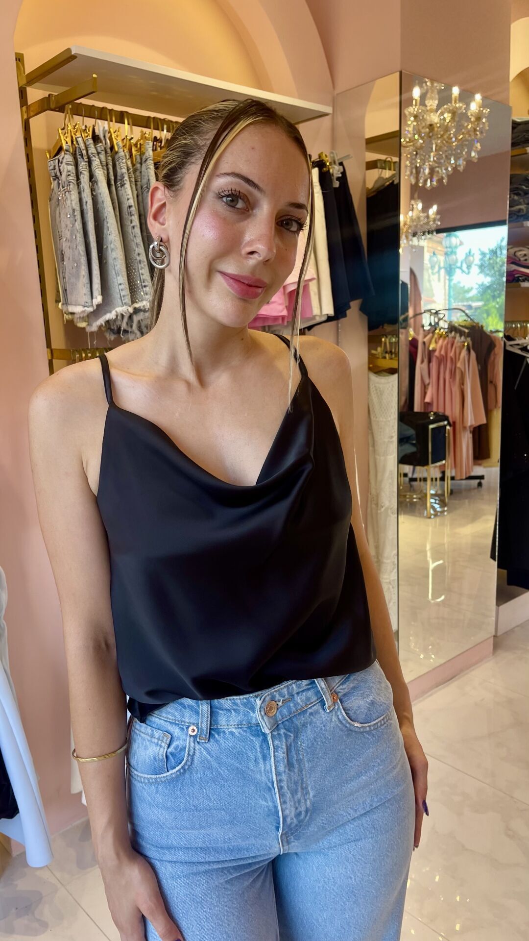 SİYAH İP ASKILI SATEN DEGAJE YAKA BLUZ XL