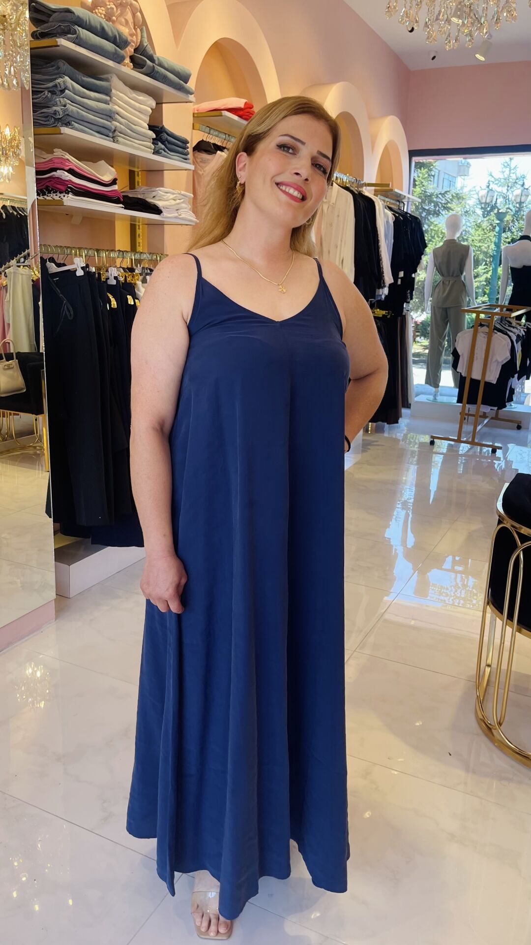 LACİVERT OVERSİZE İP ASKILI ELBİSE