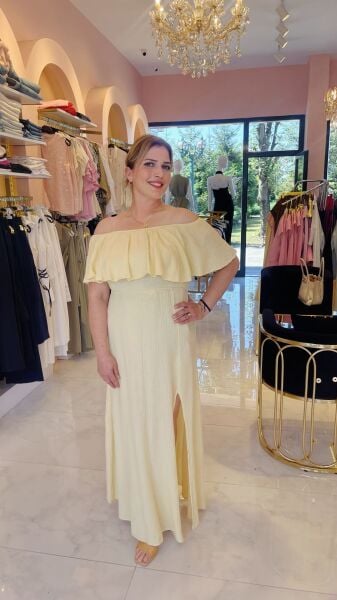 MADONNA YAKA SARI YIRTMAÇLI ELBİSE