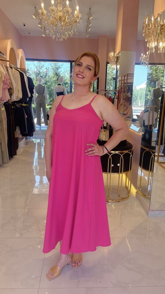 PEMBE İP ASKILI OVERSİZE ELBİSE