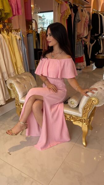 MADONNA YAKA PEMBE YIRTMAÇLI ELBİSE