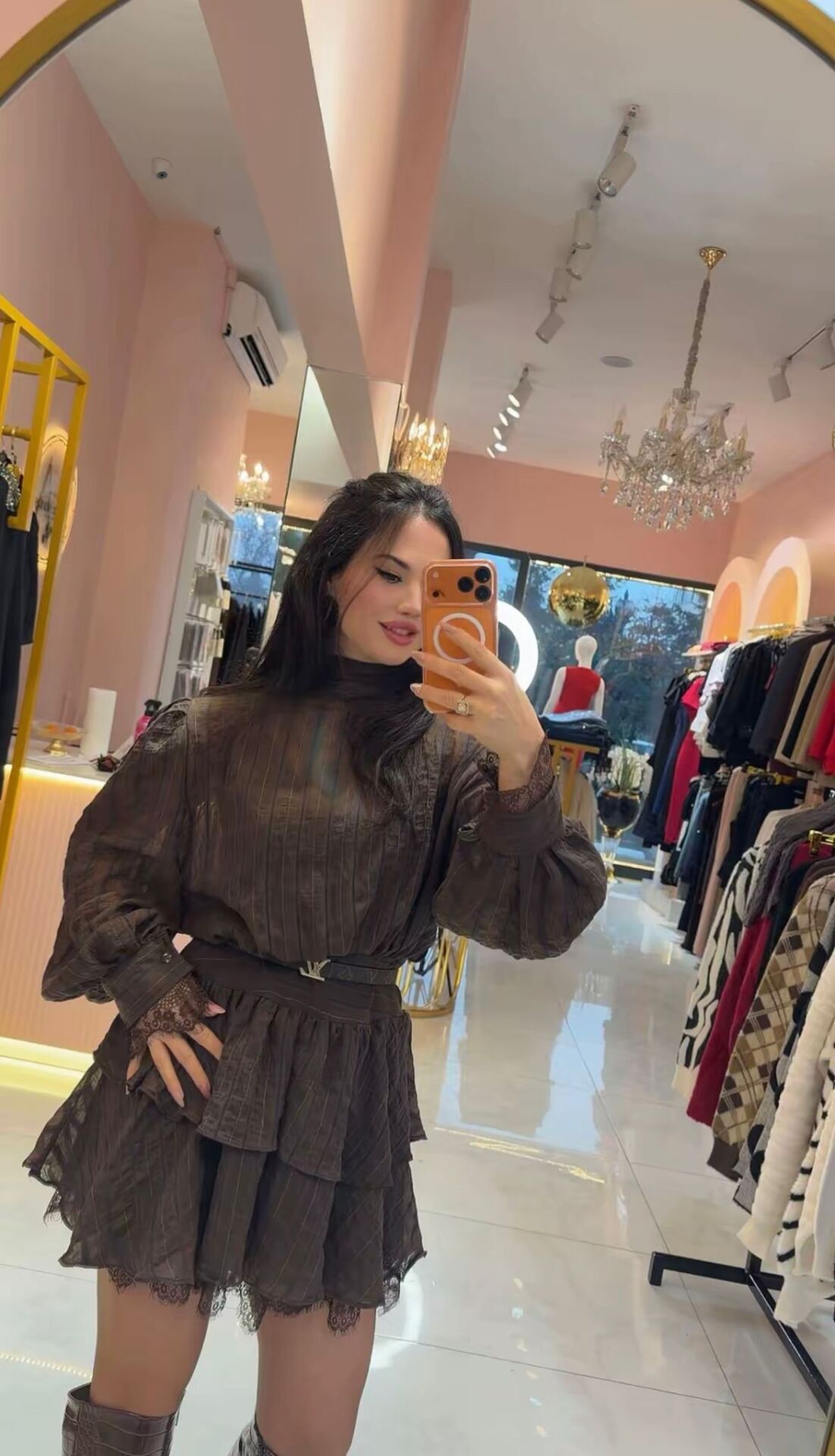 Kahve rosa kısa elbise