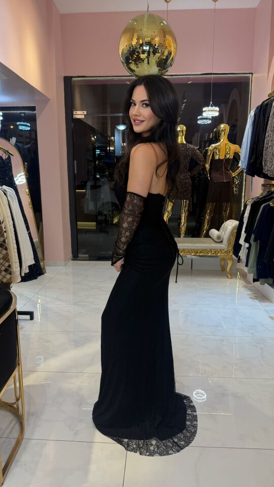 LİSA ÖZEL TASARIM BEL KORSE  VE DANTEL DETAY SİYAH ELBİSE