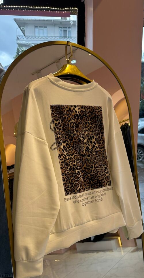 LEOPAR DESENLİ TAŞ DETAY BEYAZ OVERSİZE SWEAT