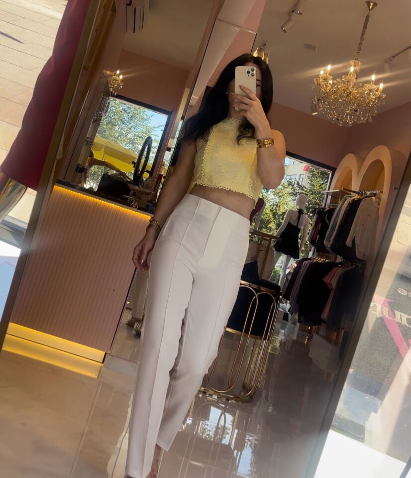 DİKİŞ DETAY BEYAZ KUMAŞ PANTOLON