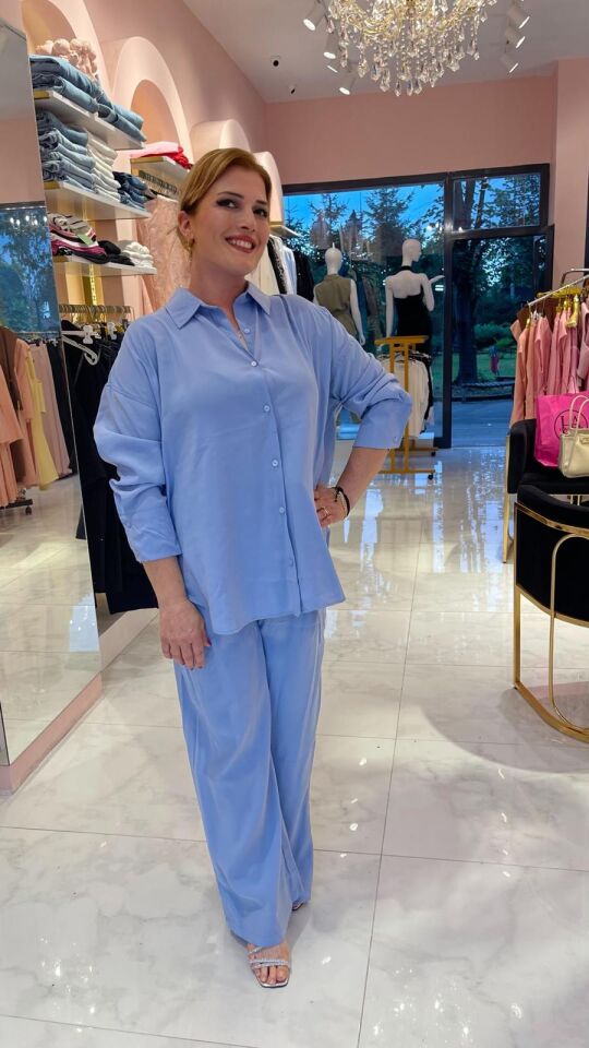 BAĞLAMA DETAY BEBE MAVİSİ PANTOLON GÖMLEK TAKIM