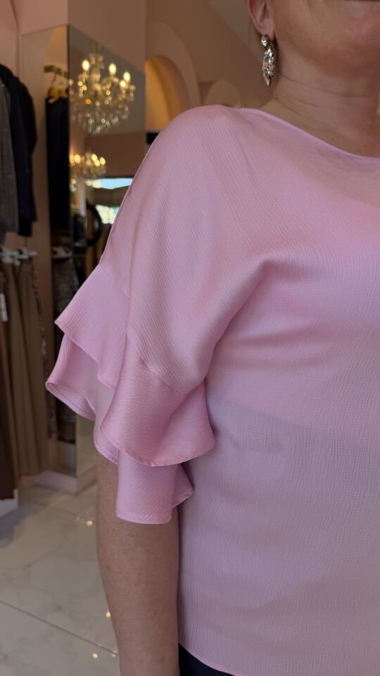 BÜYÜK BEDEN VOLAN KOL DETAY PEMBE BLUZ