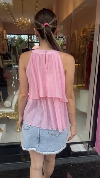 PEMBE HALTER YAKA KATLI BLUZ