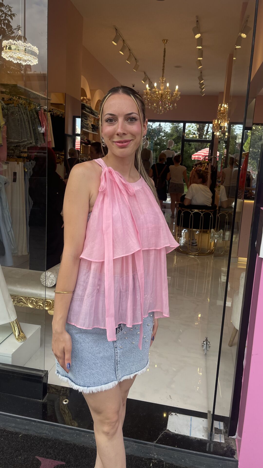 PEMBE HALTER YAKA KATLI BLUZ