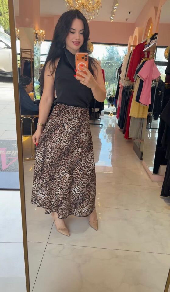 LEOPAR DESEN BELİ LASTİKLİ MİDİ ETEK