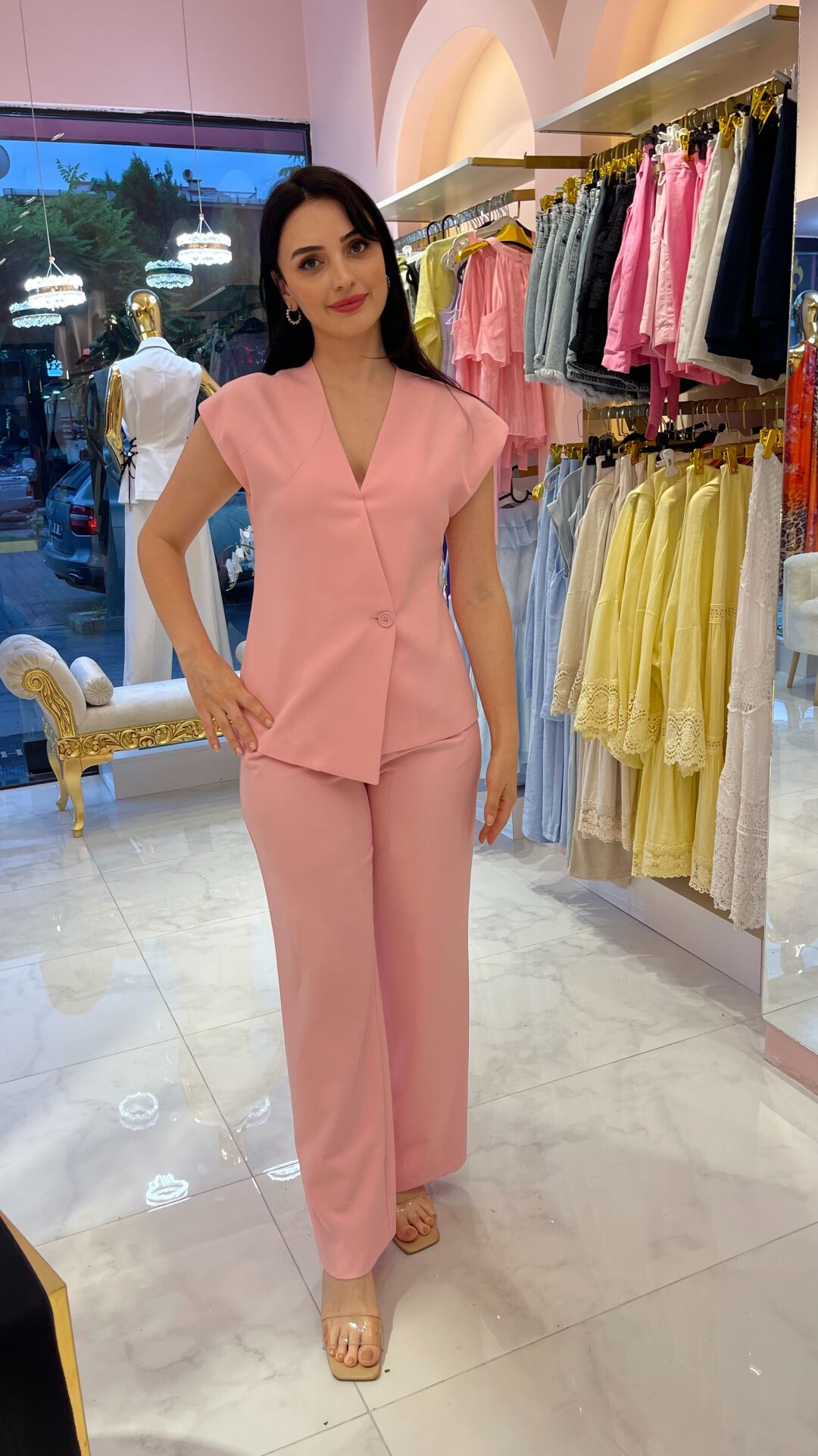 PEMBE BELİ İPLİ YELEK PANTOLON TAKIM