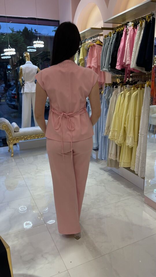 PEMBE BELİ İPLİ YELEK PANTOLON TAKIM 42