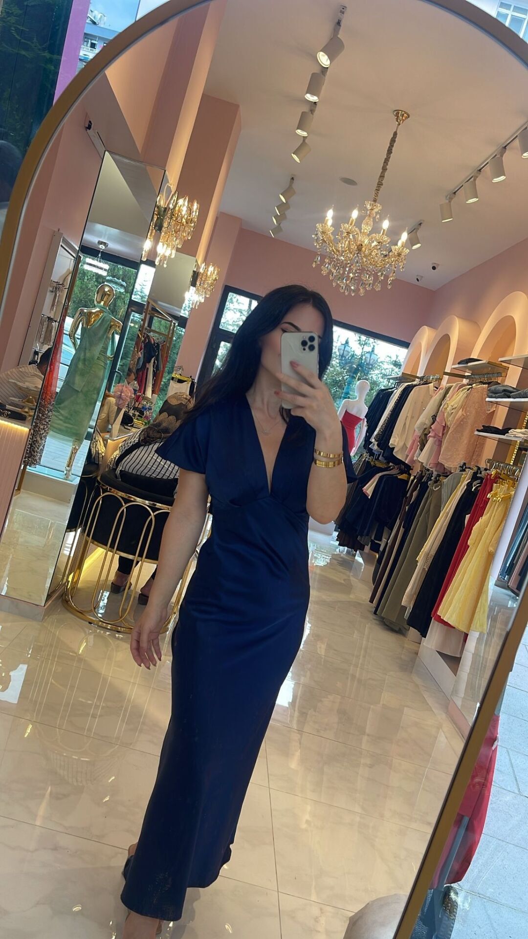 MAVİ SATEN GÖĞÜS DEKOLTELİ ABİYE ELBİSE