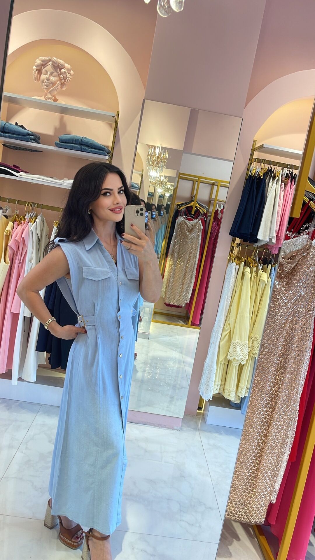 MAVİ YANLARI KEMERLİ GOLD DÜĞMELİ KETEN ELBİSE