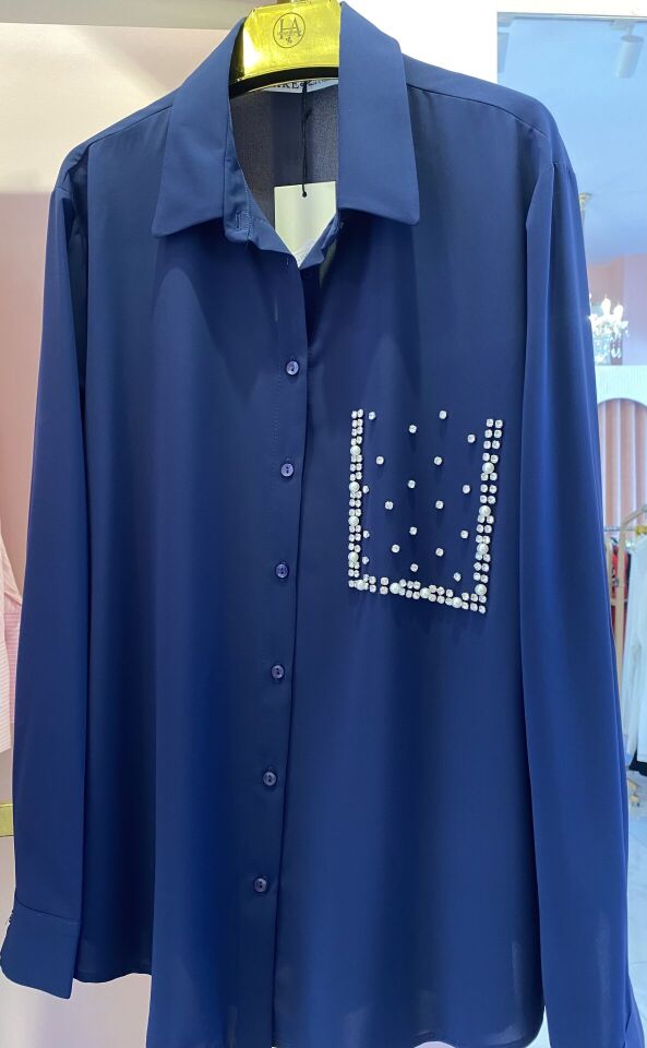 LACİVERT KARE TAŞLI SATEN GÖMLEK