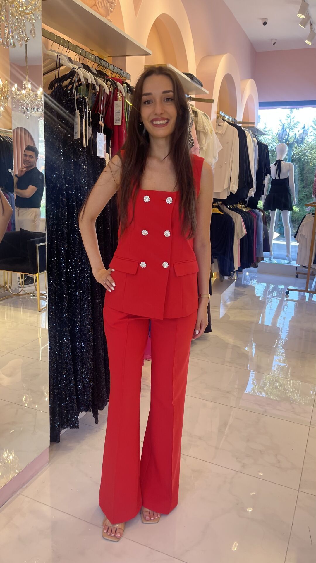 KIRMIZI GÜMÜŞ TAŞLI YELEK PANTOLON TAKIM