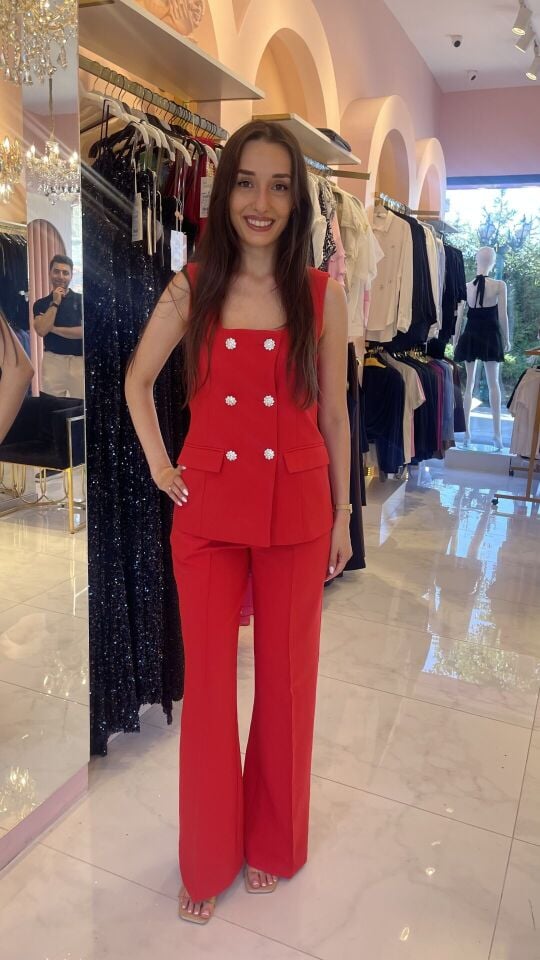 KIRMIZI GÜMÜŞ TAŞLI YELEK PANTOLON TAKIM