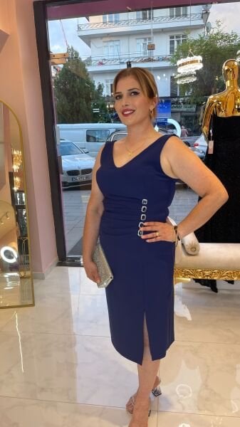 SAKS MAVİ TAŞ DÜĞMELİ BÜYÜK BEDEN ABİYE ELBİSE