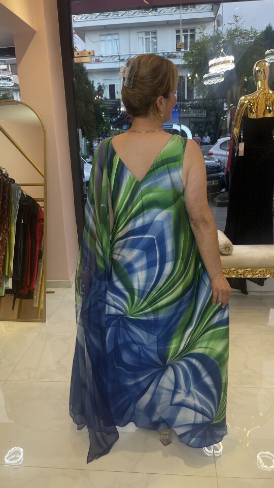 MAVİ YEŞİL GOLD TOKALI BÜYÜK BEDEN ABİYE ELBİSE