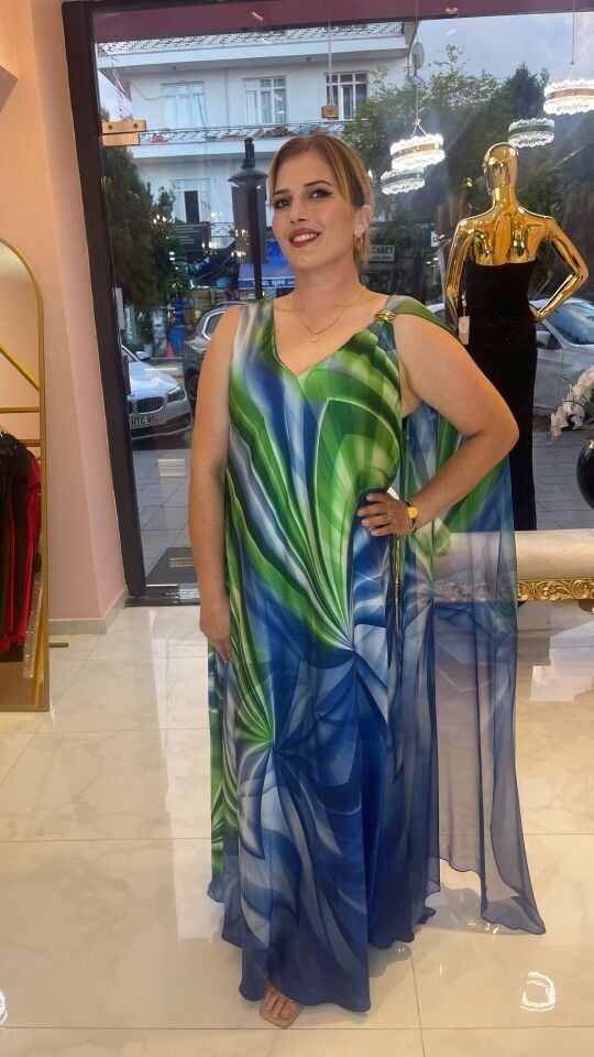 MAVİ YEŞİL GOLD TOKALI BÜYÜK BEDEN ABİYE ELBİSE