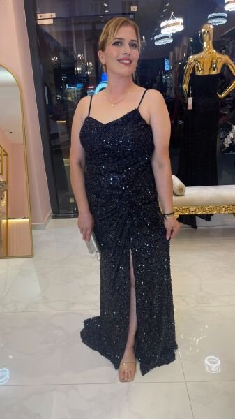 LACİVERT PUL PAYETLİ ABİYE ELBİSE