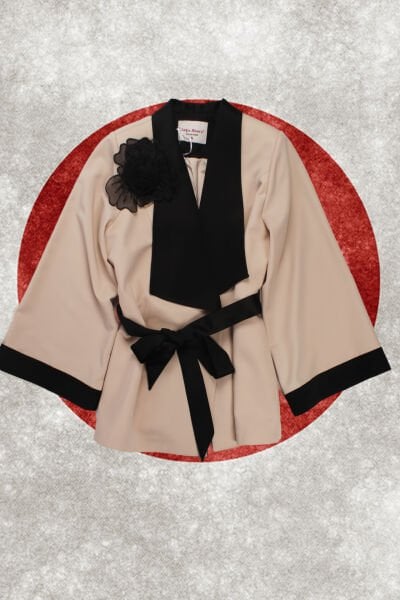 YAKASI TOKALI SATEN KEMERLİ KİMONO CEKET