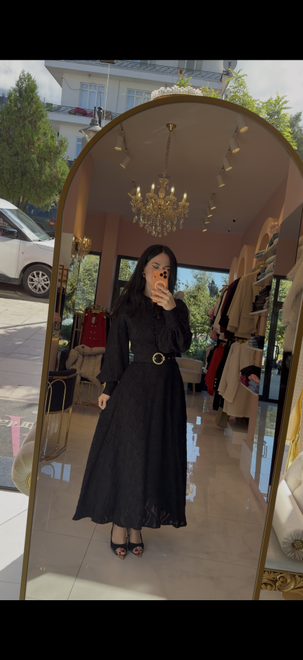 SİYAH KEMERLİ DANTEL DETAY ELBİSE S
